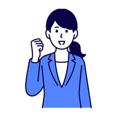 笑顔でガッツポーズするスーツ姿の女性