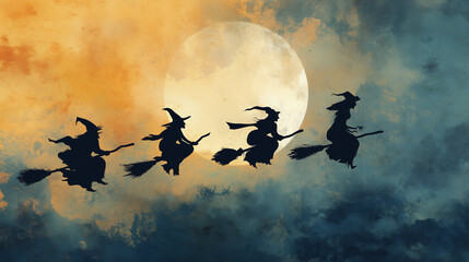 Fototapeta premium Halloween Witches Silhouette Wallpaper Background