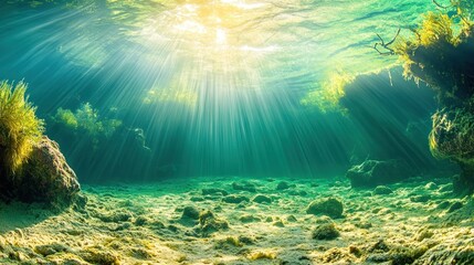 Fototapeta premium Sunlight pierces a vibrant underwater scene.
