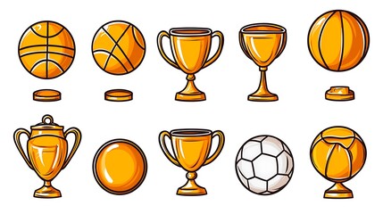Cartoon basketballs, soccer balls, and gold trophies; various angles and views