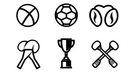Simple black line icons of sports equipment, trophy, and coffee beans