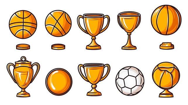 Cartoon basketballs, soccer balls, and gold trophies;  various angles and views