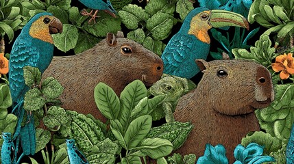Colorful tropical animals amidst lush foliage pattern.