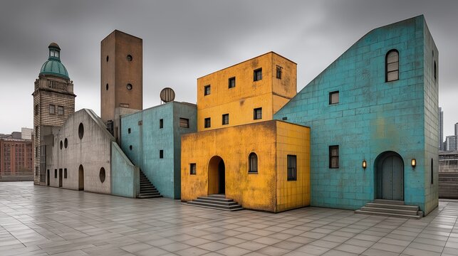 Unique urban architecture with green domed tower, yellow weathered building, and blue stone structure