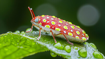 Naklejka premium Colorful Spotted Beetle On Dewy Leaf