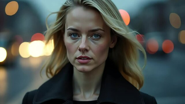 Young woman with flowing hair stands confidently on a city street at dusk, surrounded by blurred lights