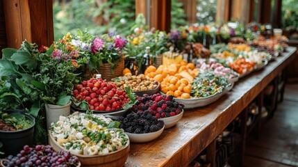 Fototapeta premium Rustic Farm-to-Table Feast: A Bountiful Spread of Fresh Produce and Berries