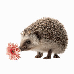 Obraz premium Adorable Hedgehog Sniffing a Pink Gerbera Daisy