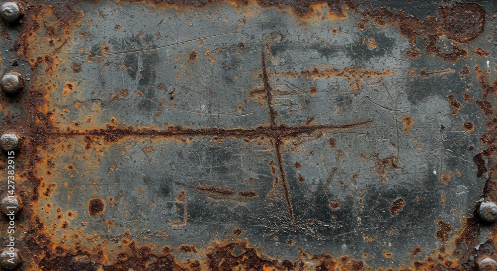 Poster close up of weathered rusty metal plate with rivets surface texture