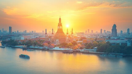 Fototapeta premium Spectacular sunrise illuminating the iconic Wat Arun temple in Bangkok Thailand