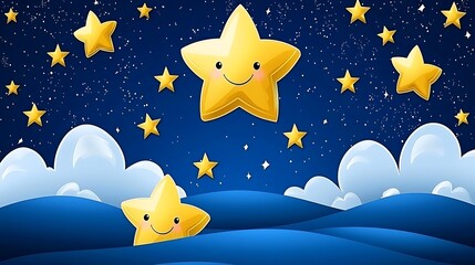 Obraz premium Cheerful, smiling stars twinkle in a night sky above rolling hills and fluffy clouds