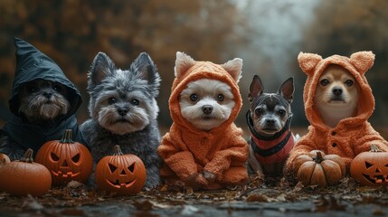 Four playful pets dressed in festive costumes gather on a cozy couch during a colorful celebration in a warmly lit living room