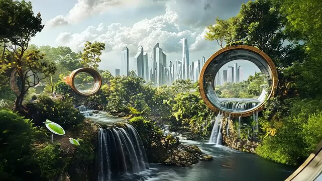 Harmonious fusion of futuristic cityscape and lush nature in tranquil utopia