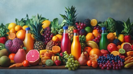 Abundance of Fresh Tropical Fruits and Juices Displayed in Artistic Composition