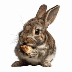 Obraz premium Adorable Grey Rabbit Enjoying a Tasty Treat Against a Red Background