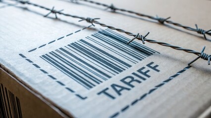 Reciprocal Tariffs A close-up of a cardboard box with a barcode and the word "TARIFF" embossed, surrounded by barbed wire.