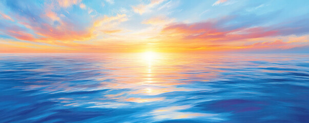 Obraz premium A painting of a beautiful ocean with a bright orange sun in the sky. The mood of the painting is serene and peaceful