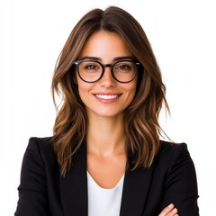 Fototapeta premium Confident businesswoman in professional attire, medium-length brown hair, glasses, friendly smile, isolated on white background, ideal for corporate use
