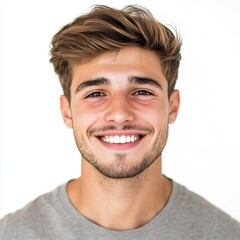 Obraz premium Cheerful Young Man with Brown Hair and Friendly Smile Against White Background