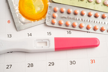 Pregnancy test and birth control pills on calendar, contraception health and medicine.