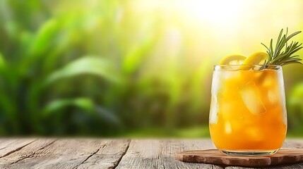 Iced citrus beverage with rosemary garnish, sits on wooden surface against blurred green background