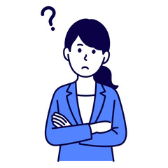 首をかしげて考えるスーツ姿の女性