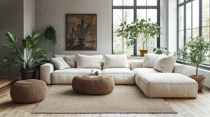 Serene Modern Living Room Interior Design with Neutral Tones and Abundant Greenery