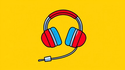 Red and blue wired headphones on yellow background