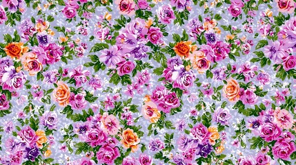 Obraz premium Vibrant floral textile pattern featuring densely arranged roses in various shades of pink, orange, and purple on a light grey background