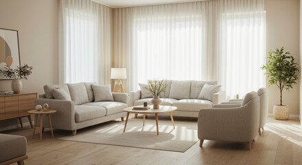 Obraz premium Bright living room showcases sofas, chairs, table, lamp, plant with window light