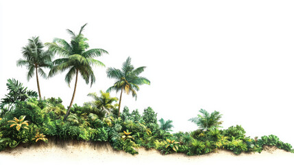 Fototapeta premium Tropical island vegetation flourishes along the sandy coastline with palm trees and lush greenery set against a bright white background in a picturesque scene.
