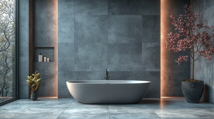 Serene Modern Bathroom Design: Minimalist Bathtub, Grey Tiles, and Tranquil Plants