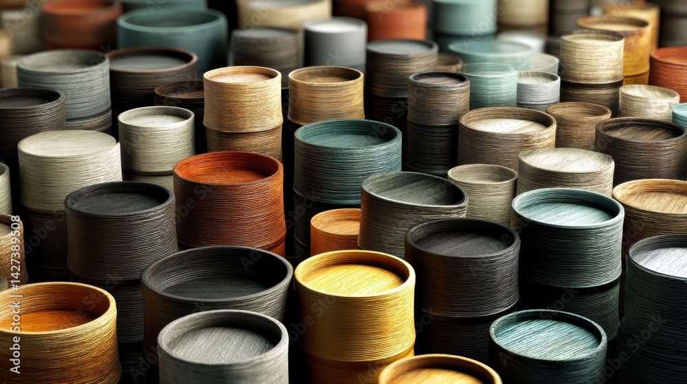 Leinwandbilder Stacked Barrels Create a Striking Geometric Pattern Against a Neutral Background Showcasing Varied Colors and Textures in an Organized Arrangement