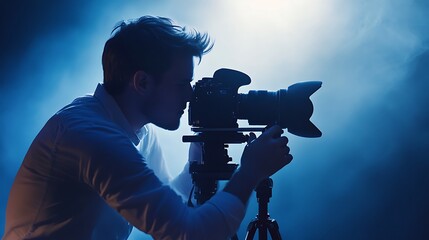 Photographer Silhouetted in Blue Light, Capturing a Moment