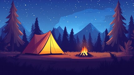 Nighttime camping scene in a pine forest.