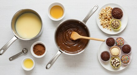 Brigadeiro Ingredients and Finished Candies on a White Wooden Table