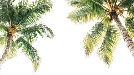 Fototapeta premium Two towe palm trees reach towards the bright sky with their lush green fronds creating a serene tropical atmosphere perfect for a summer vacation scene.