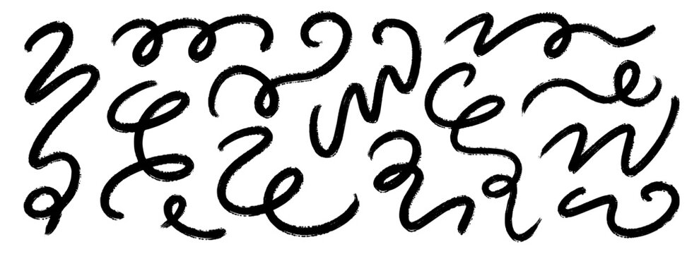 Black squiggle paint line set. Wiggly brush stroke collection. Charcoal curly flourish pack for highlight, underline, emphasis. Organic crayon chalk wavy strips. Vector rough scribble swoosh stripes