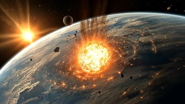 Massive Asteroid Impacting a Planet Causing Explosions and Debris Field in Space with Distant Sun and Moon