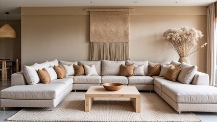 a modern, minimalist living room with a neutral color palette. The layout features a large, L-shaped beige sectional sofa adorned with numerous tan and beige throw pillows, creating a cozy and invitin