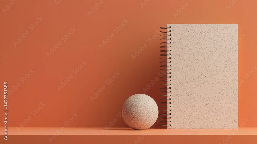 Poster minimalistic scene with plain notebook and sphere on orange background