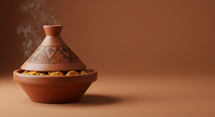Steaming stew in a tagine, served in a traditional earthenware pot.