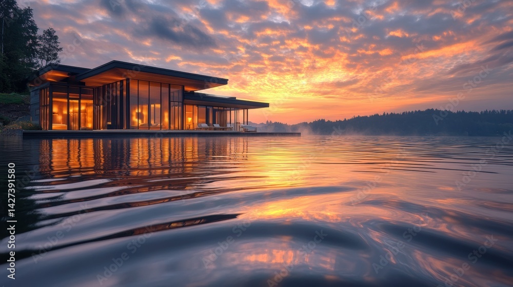 Poster stunning sunset over tranquil pool with reflections in serene countryside setting