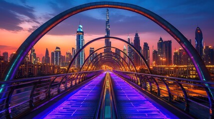 Obraz premium Dubai Skyline at Dusk: Illuminated Walkway