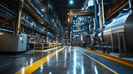 Fototapeta premium A large industrial building with a lot of machinery and pipes. The space is very clean and well-lit 