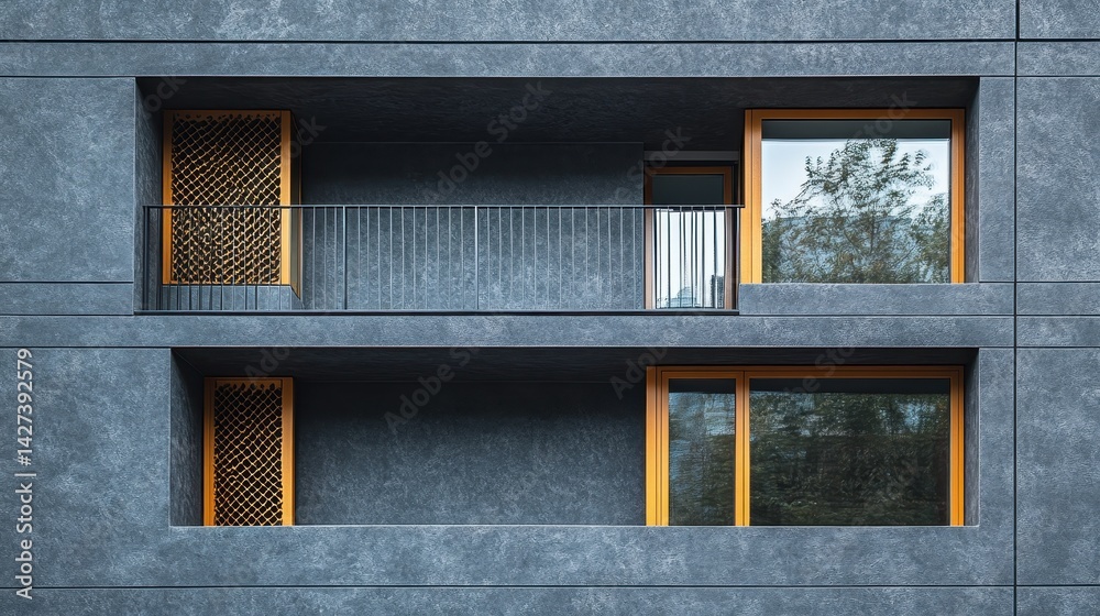Poster Architectural close-up of modern building design featuring textured materials and geometric shapes in an urban setting during daylight