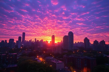 Fototapeta premium A Dramatic Sunrise Illuminates Buildings Over a City Skyline