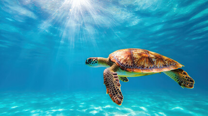 Obraz premium Majestic Sea Turtle Gliding Through Clear Aquatic Environment Under Sunlit Water Surface