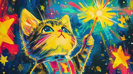 Fototapeta premium Colorful Cat with Sparkler in Cosmic Background