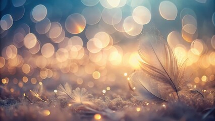 Delicate Feathers Adorned with a Shimmering Golden Glow Against a Soft, Bokeh Background